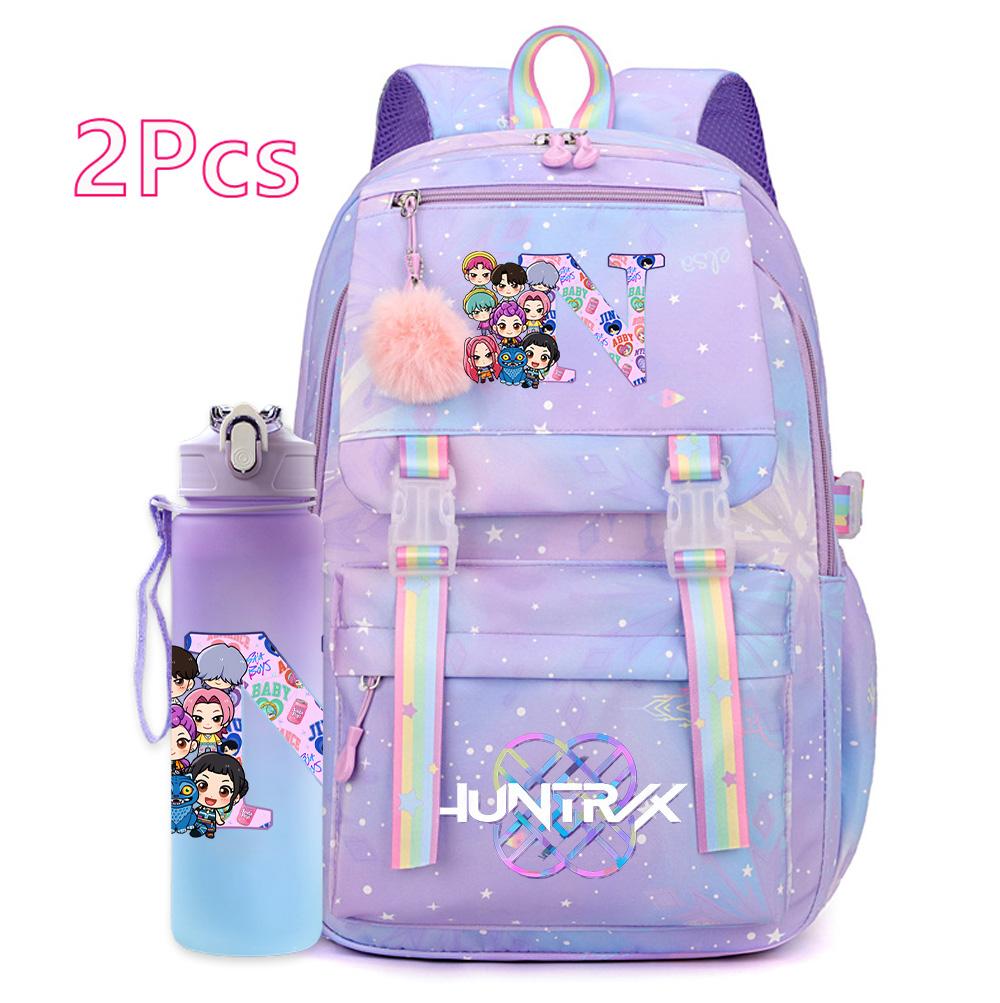 2Pcs/set New K-pop Printed Backpack 750Ml Water Bottler Large Capacity Travel Bag for Teenager Girl Boy Waterproof Bookbag Kid Gift Rucksak