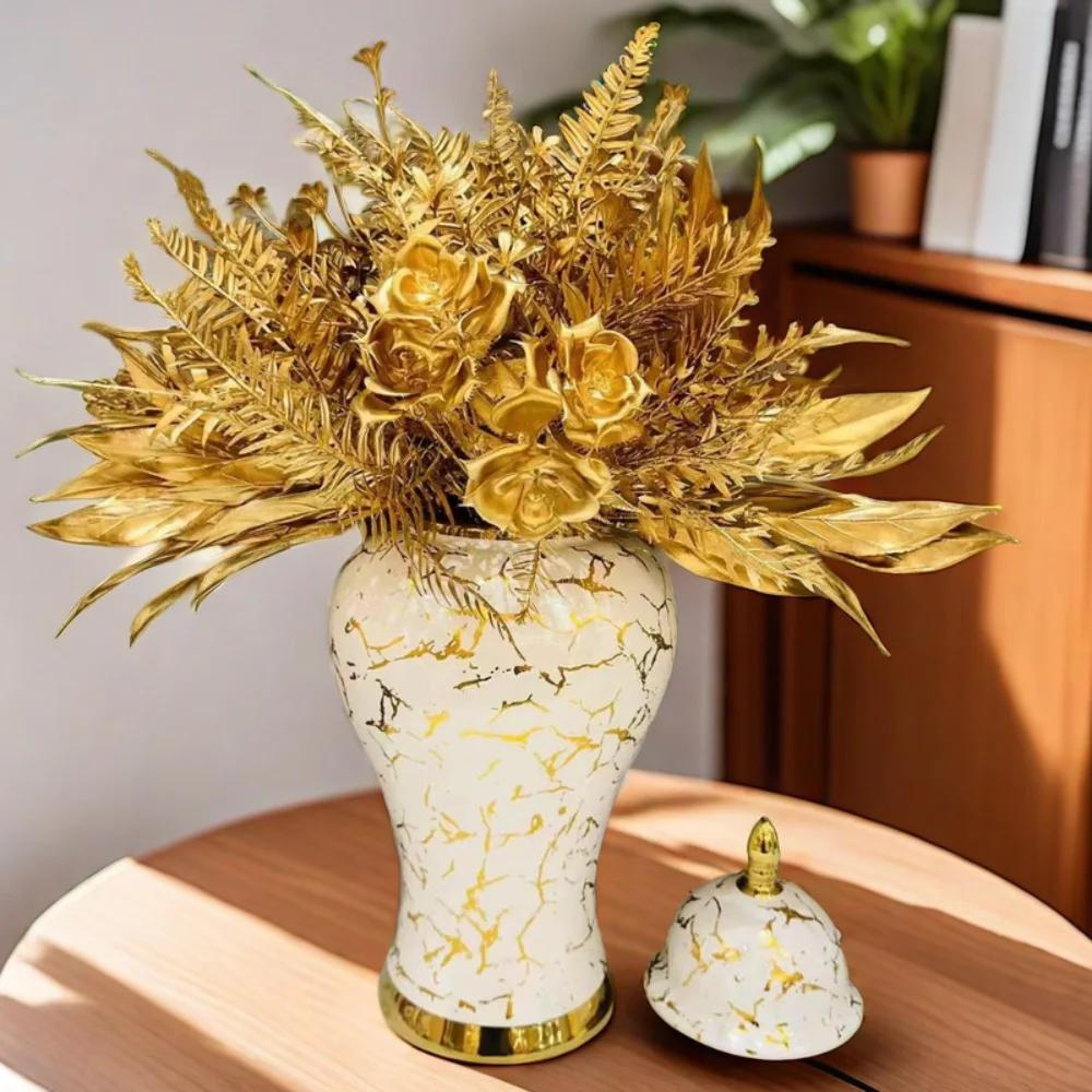 Gold Marble General Jar Porcelain Bottle Ginger Jar Ceramic Storage Tank White Gold Vase Flower Vase Home Decoration Accessories