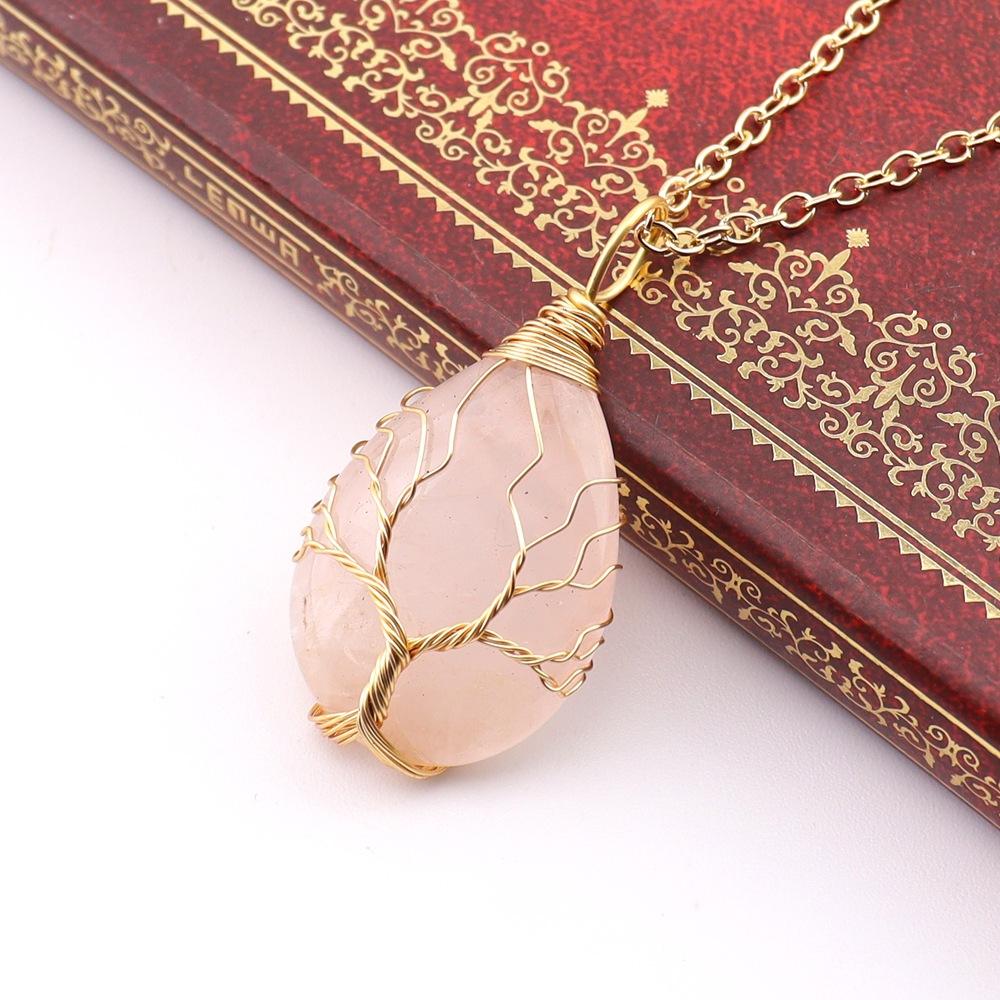 Natural Stone Crystal Agate Water Drop Winding Silk Tree Of Life Pendant Necklace Sweater Chain Water Drop Rough Stone N781