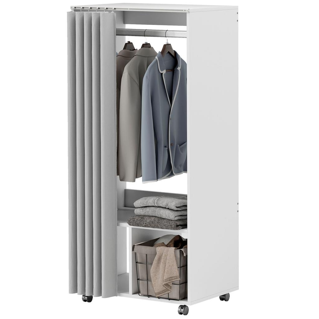 Wardrobe, Mobile Storage Cabinet, Curtain, Hanging Rail, 60 X 40 X 128 Cm, White