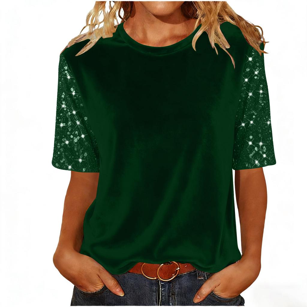 Women's Fashion Casual Round Neck Short Sleeve Patchwork Sequined Top