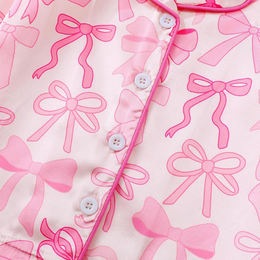 Kids' Christmas Bow Pajama Set - Casual Long Sleeve with Frayed Edges