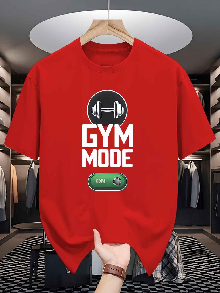 Gym Mode On Dumbbell Graphic Unisexs Crew Neck T Shirt Fitness Toggle Switch Print Short Sleeve Casual Cotton Daily Tops