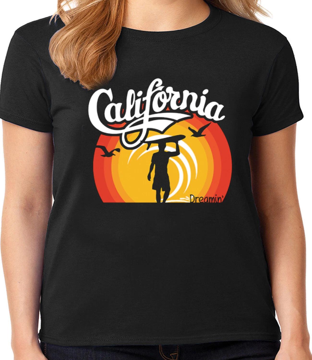 Ladies Graphic Tee Shirt - California Dreaming Surfboard Sunset West Coast XXL