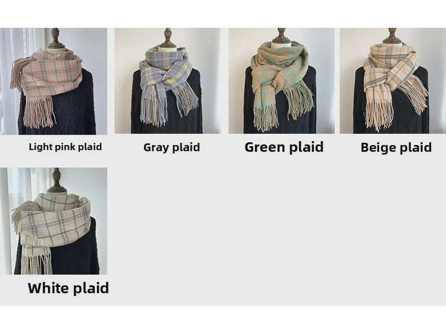 Fular Plaid din Cașmir Imitat pentru Femei - Stil Coreean/Japonez, Șal Cald cu Ciucuri în Culori Contrastante pentru Toamnă/Iarnă.