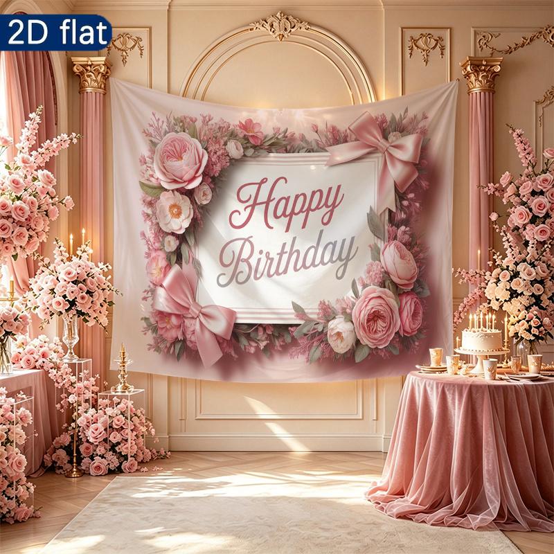 Party Banner Floral Gifts Polyester Fabric Birthday Backdrop, Polyester Wall Decor for Celebration & Photos