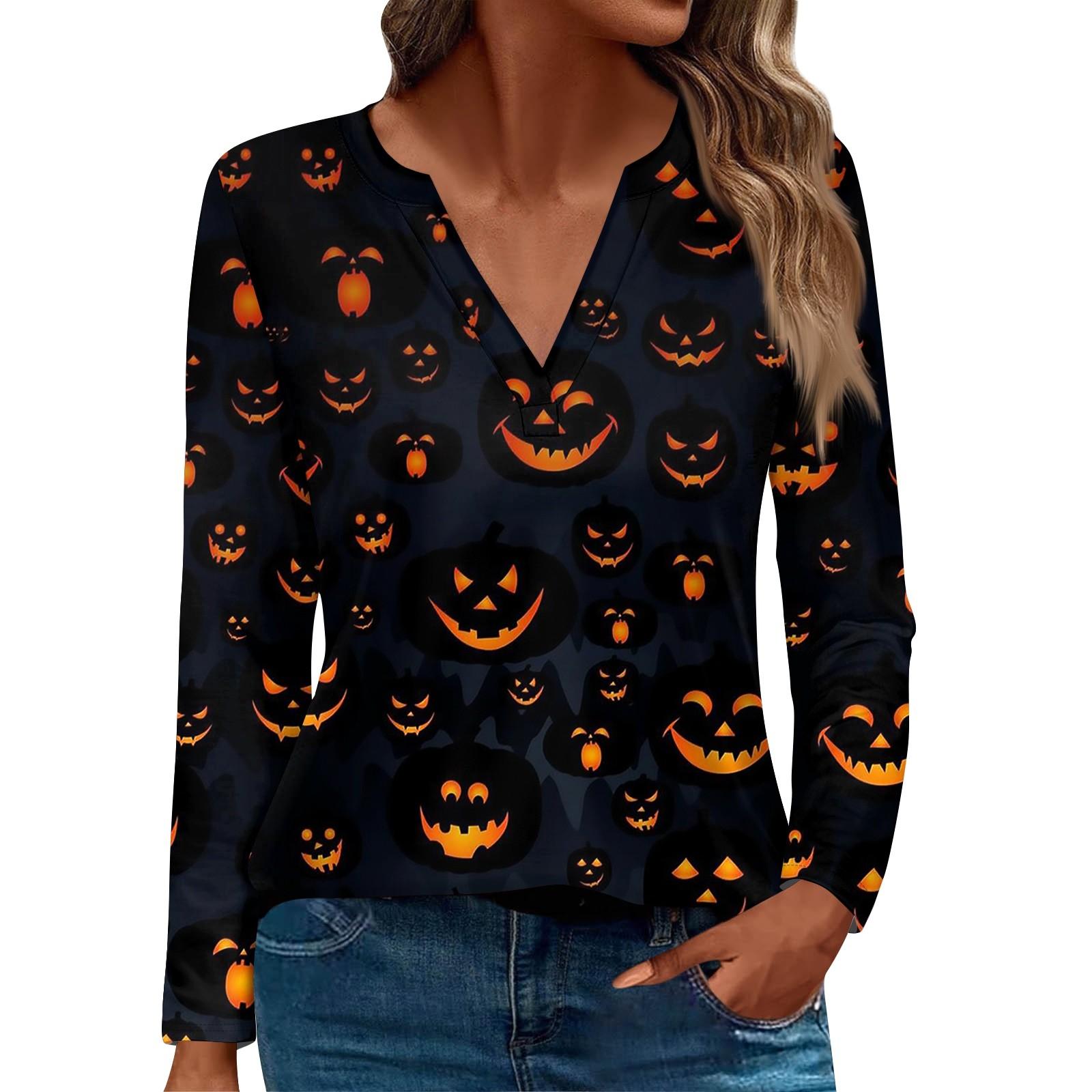 

Женская футболка Футболка Хэллоуин С принтом Длинный рукав Повседневные Выходные Мода Классический V-образный вырез Обычный Топ M чёрный