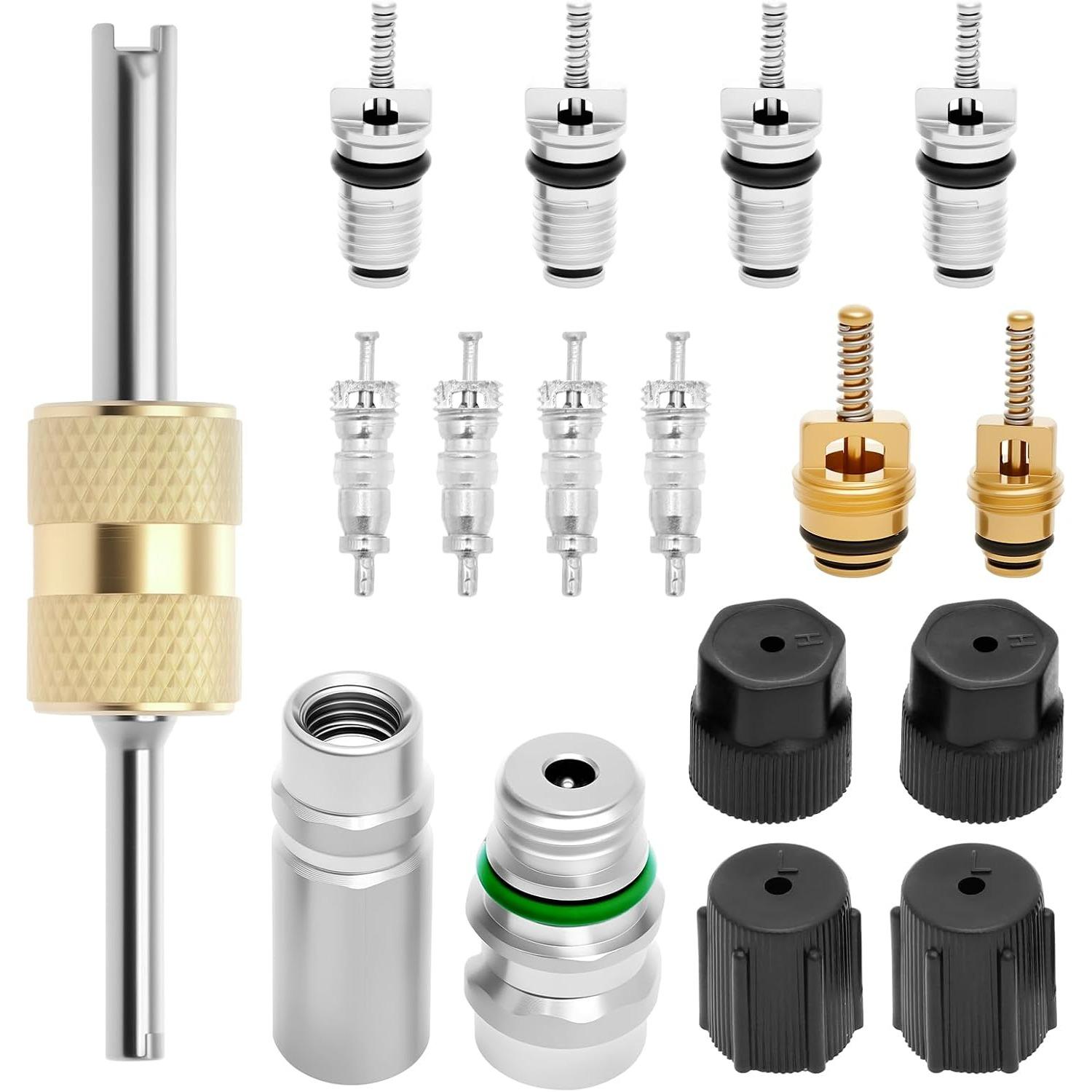 Car Air Conditioning Valve Core Kit,Teflon Seal Cap Valve Kit Copper Seal Cap Valve Kit Good Sealing Refrigerant Tool Precise Control for Automotive 17-Pack