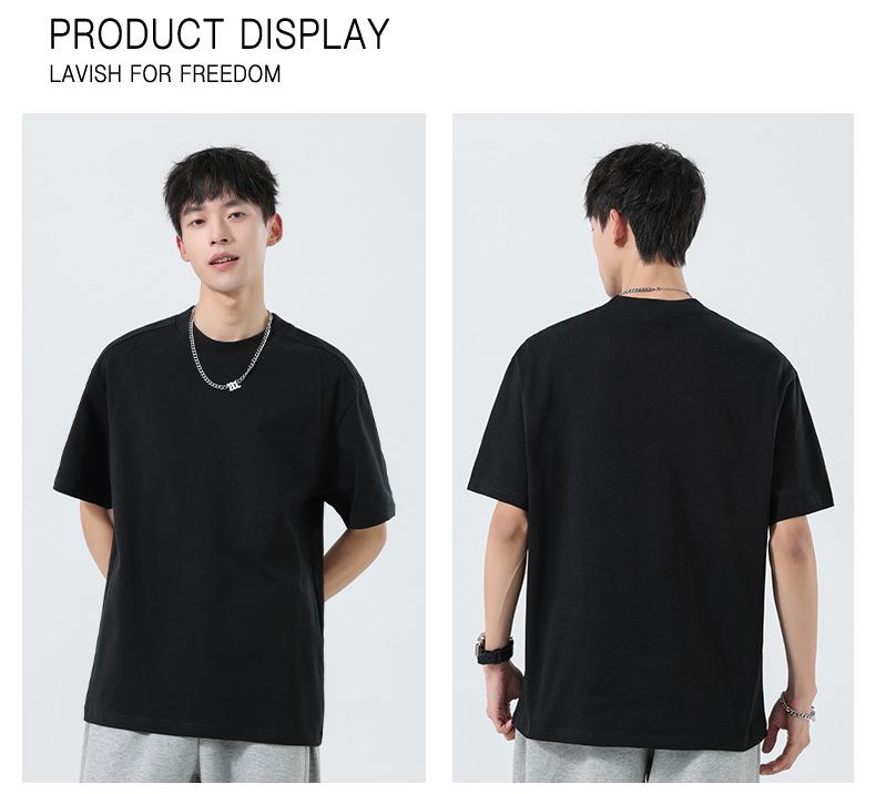 Men's Heavyweight Crew Neck Pure Cotton Patchwork T-shirt - Summer American Style