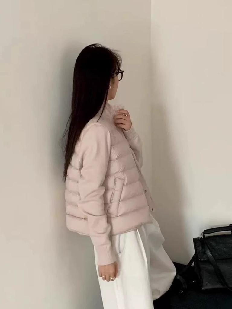 Winter new knitted sleeves down jacket women's short ribs stand-up collar white duck down small coat