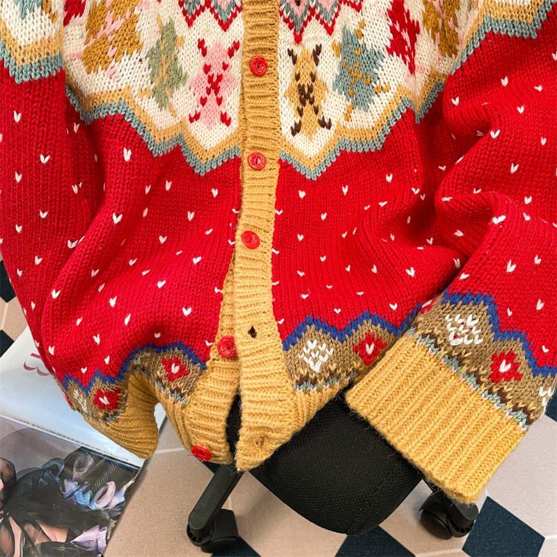 Christmas Style Women's Cardigan Red Single Breasted Round Neck Knitted Sweaters Striped Jacquard Autumn Woman Outerwear