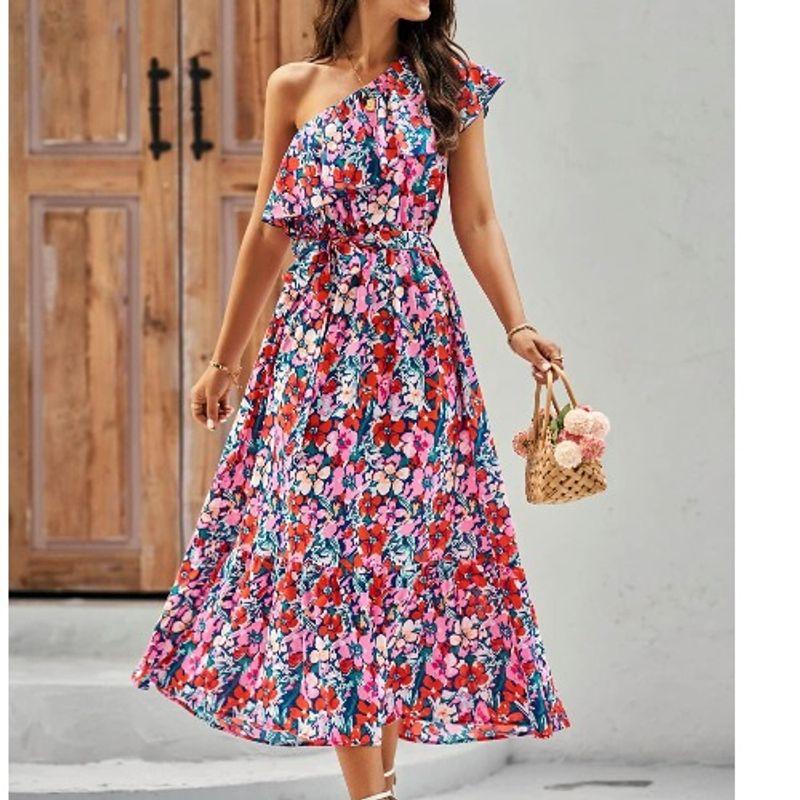 

Bohemia Summer New Arrival European and American Sexy Sexy Diagonal Collar Ruffles Floral Mid Length Long Length One Shoulder Sleeve Dress Blue XL