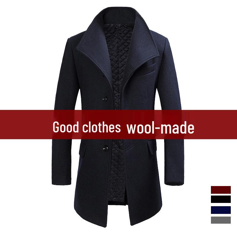2023 Winter Men's Mid-Length Turn-Down Collar Wool Blend Overcoat: Middle-Aged Business Casual.