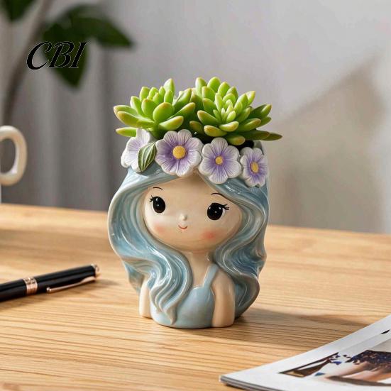 Unique Resin Planter with Flower Garland Cute Girl Planter, Blue Hair Head Small Succulents for Desk Decorative Plant Pot Cacti Indoor Plants