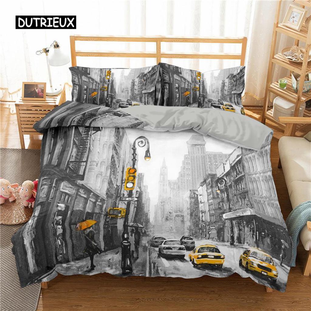 Paris Duvet Cover Set Microfiber Paris Tower Oil Painting Bedding Set Car City Landscape Pattern Quilt Cover Queen King Size
