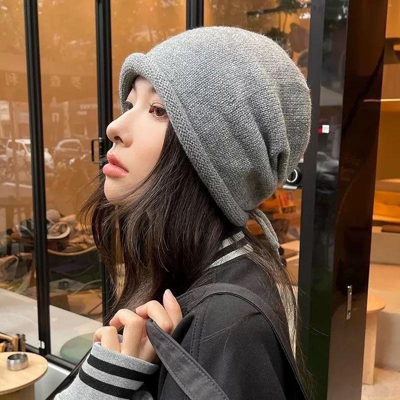 Autumn and winter hats women's cold hats big head circumference versatile knitted thin crimped outdoor stacking hats women's winter