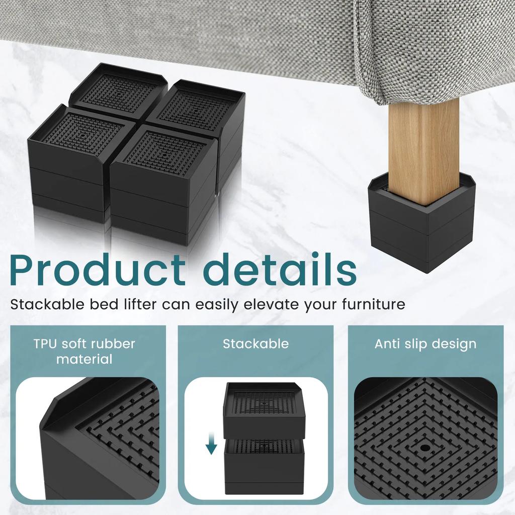 4Pcs Adjustable Furniture Risers TPU Shock Absorption Bed Risers Stackable Non-slip Furniture Leg Lifting Blocks for Desk Chairs