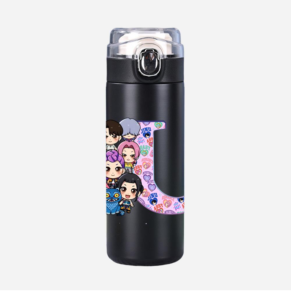 26 English Letter K-Pop Demon Hunters Printed 400Ml Water Bottle Thermos Cup Portable Stainless Steel Leak Proof Camping Water Cup Kid Gifts