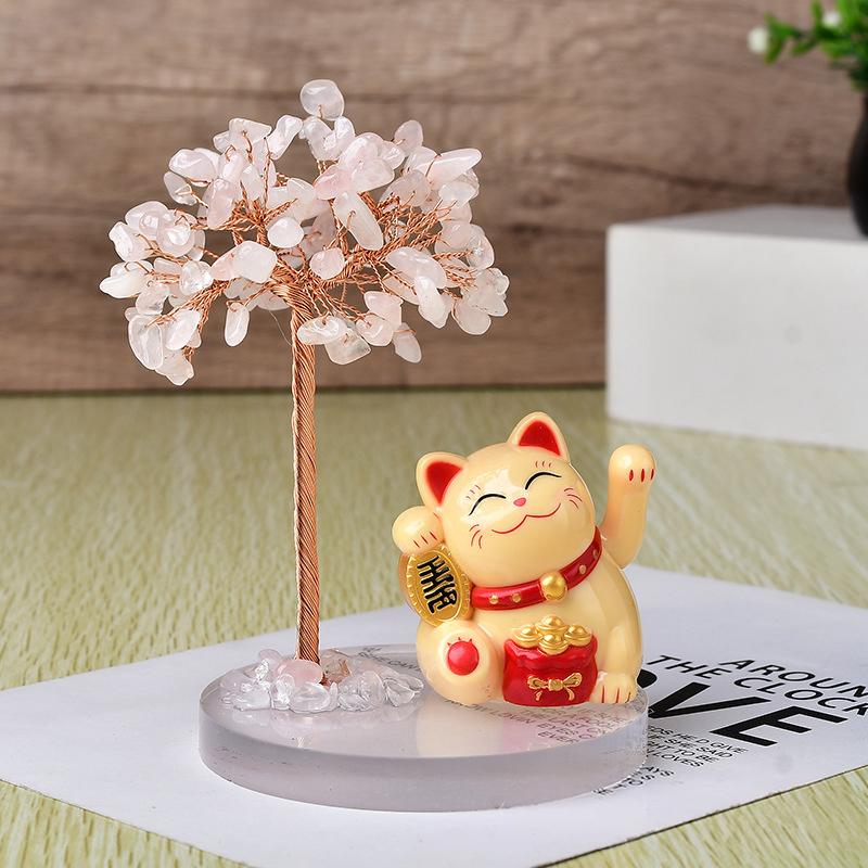 Solar Energy Shake Hands Lucky Cat Base Fate Tree Office Home Natural Crushed Stone Life Tree Handwoven Weaving Decor