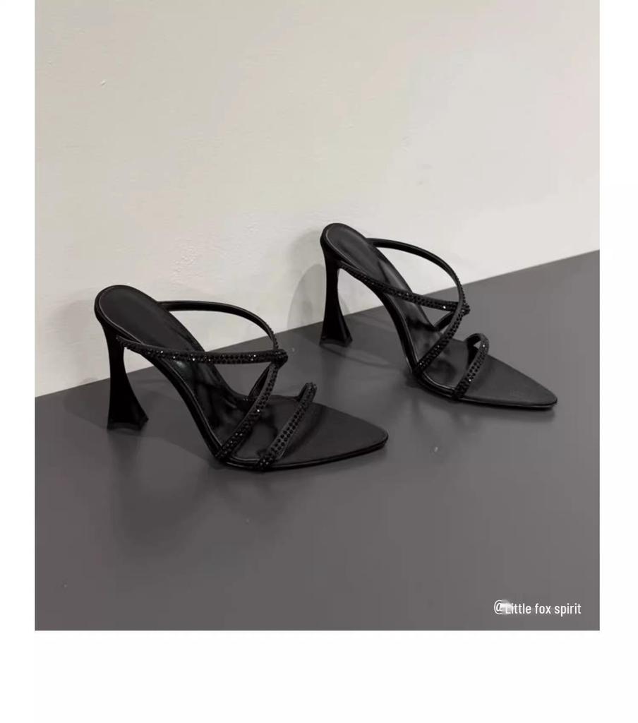 Brown Satin Rhinestone Pointed-Toe High Heel Sandals - Women's Mature Summer Style