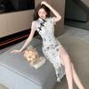 Sexy Wind Disc-buckled Floral Cheongsam Dress for Women's Summer Slim-fitting Waist-wrapped Hips Split-ended Medium and Long Skirts