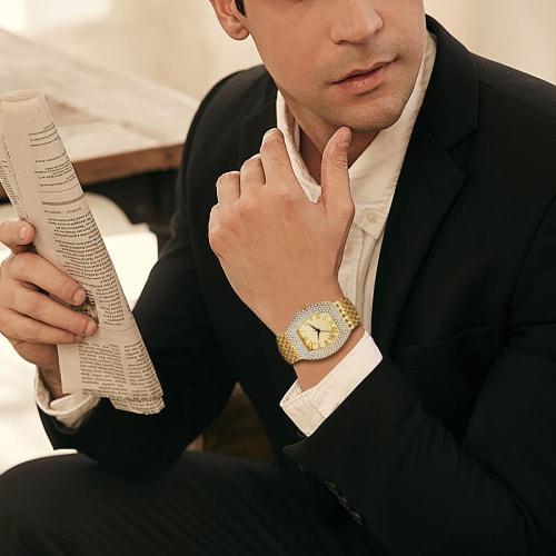 Seiko Analog Quartz Watch with Wide Strap: Men's Square Roman Numeral Watch with Zirconia and Diamonds, Adjustable Stainless Steel Watch for Women, Un