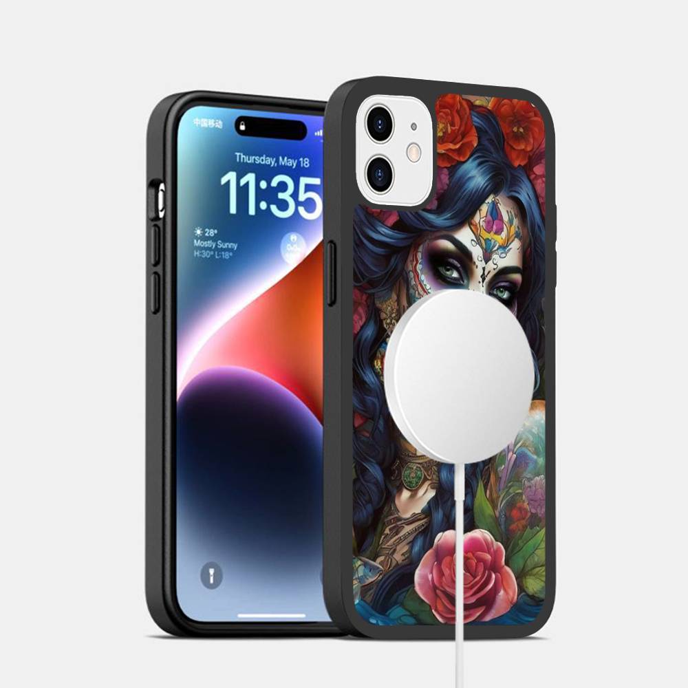 Catrina Beautiful Rose Girl Skull Phone Case Magnetic Case For iPhone 17 16 15 14 13 12 11 For Magsafe Wireless Charge Cover