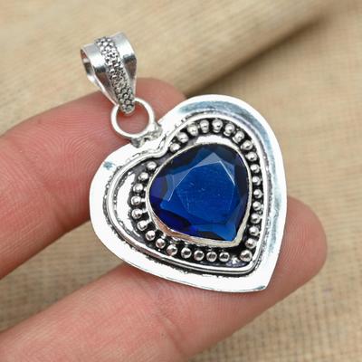Solid 925 Sterling Silver Beautiful Blue Sapphire Lab-Crated Handmade Pendant Jewelry