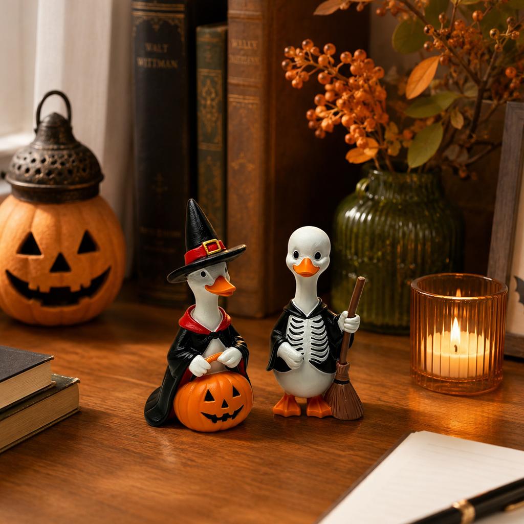 Halloween Resin Pumpkin Witch Skeleton Decorations - Set of 2 Party Supplies for Home Tabletop