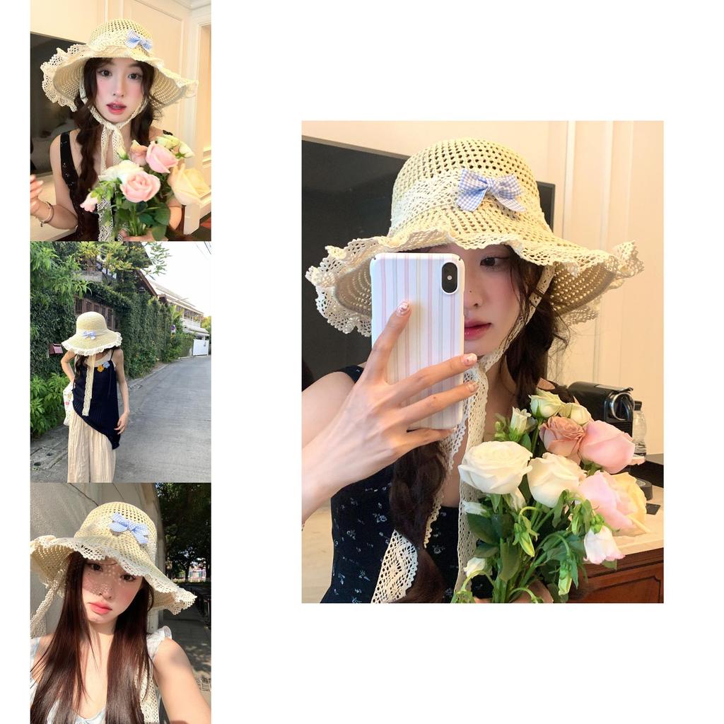 Trendy Japanese Country Style Beige Straw Fisherman Hat With Lace And Bow Detail