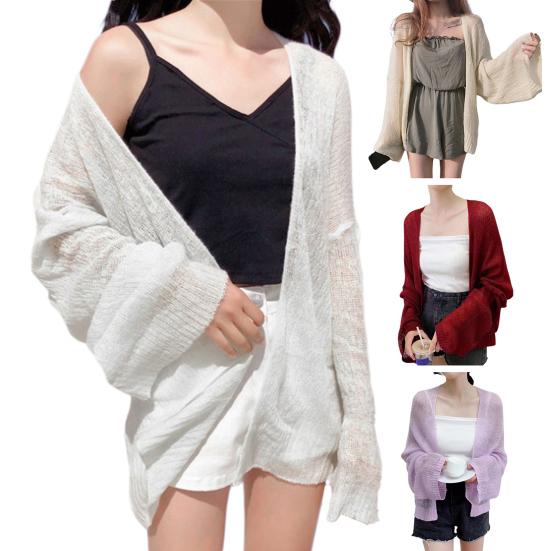 Summer Sun Coat Open Stitch Cardigan Loose Solid Knitted Long Sleeves Office AC Warm Shawl Outdoor