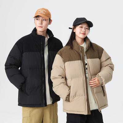 2025 Couple Cotton Clothes American Corduroy Splicing Stand-up Collar Loose Warm Cotton Clothes Casual Trendy Jacket