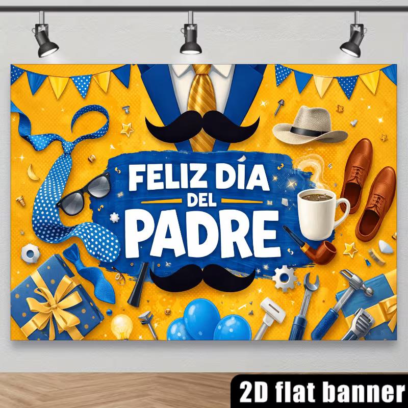 2D Feliz Dia del Padre Backdrop with Tools, Coffee & Mustache Party Decoration Banner