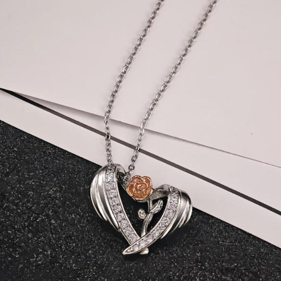Valentine Day Necklace 3D Rose Heart Pendant Adjustable Length Necklace Clavicle Necklace Cubic Zircon Inlaid Charm Necklace