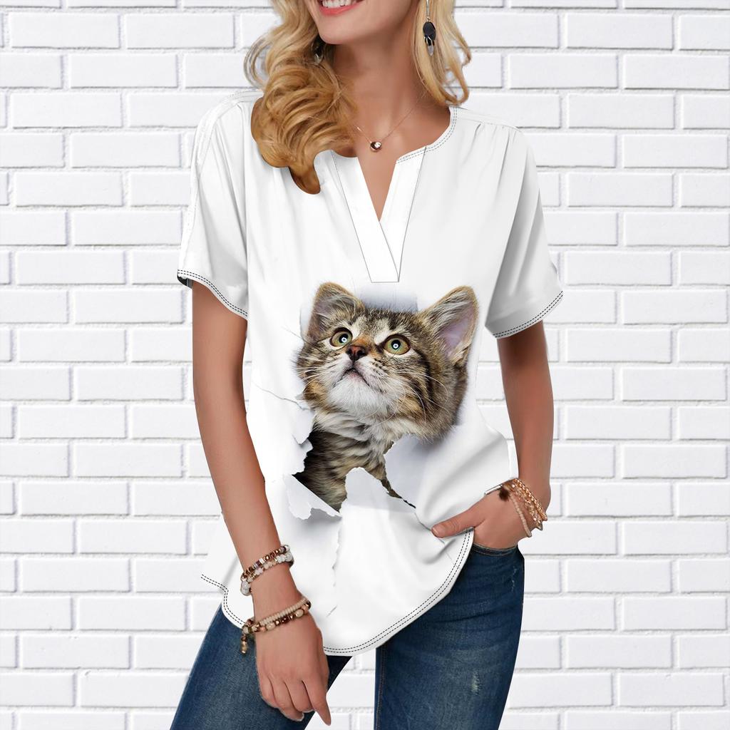 Damen T-Shirt mit V-Ausschnitt und kurzen Ärmeln, lässig, bedruckt, für den Sommer