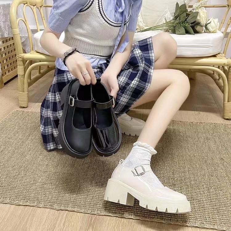 Enkelsko damesko nye Mary Jane damesko tykk hæl plattform jk uniform enkelsko høyhælte damesko retro britisk stil