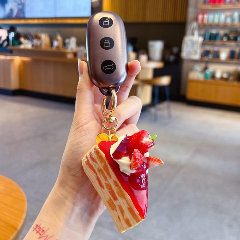 Slow Rebound Strawberry Mille-Crêpe Cake Keychain Simulation Food Shape Stress Toy Home Office