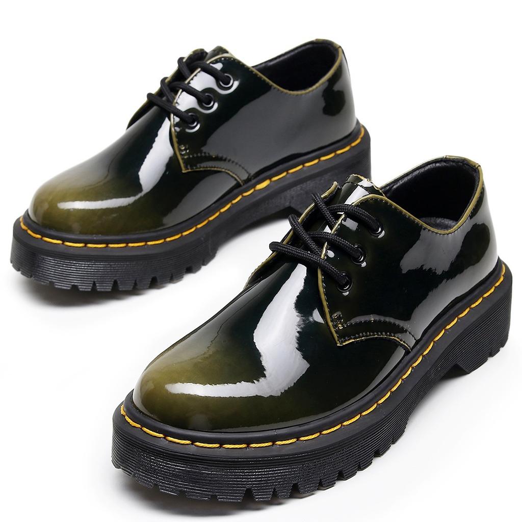 Medium and Thick Bottom Hole Small Leather Shoes Women's, Men's Low-top Leather Color-changing Green Round Head Casual Student Muffin Bottom Short