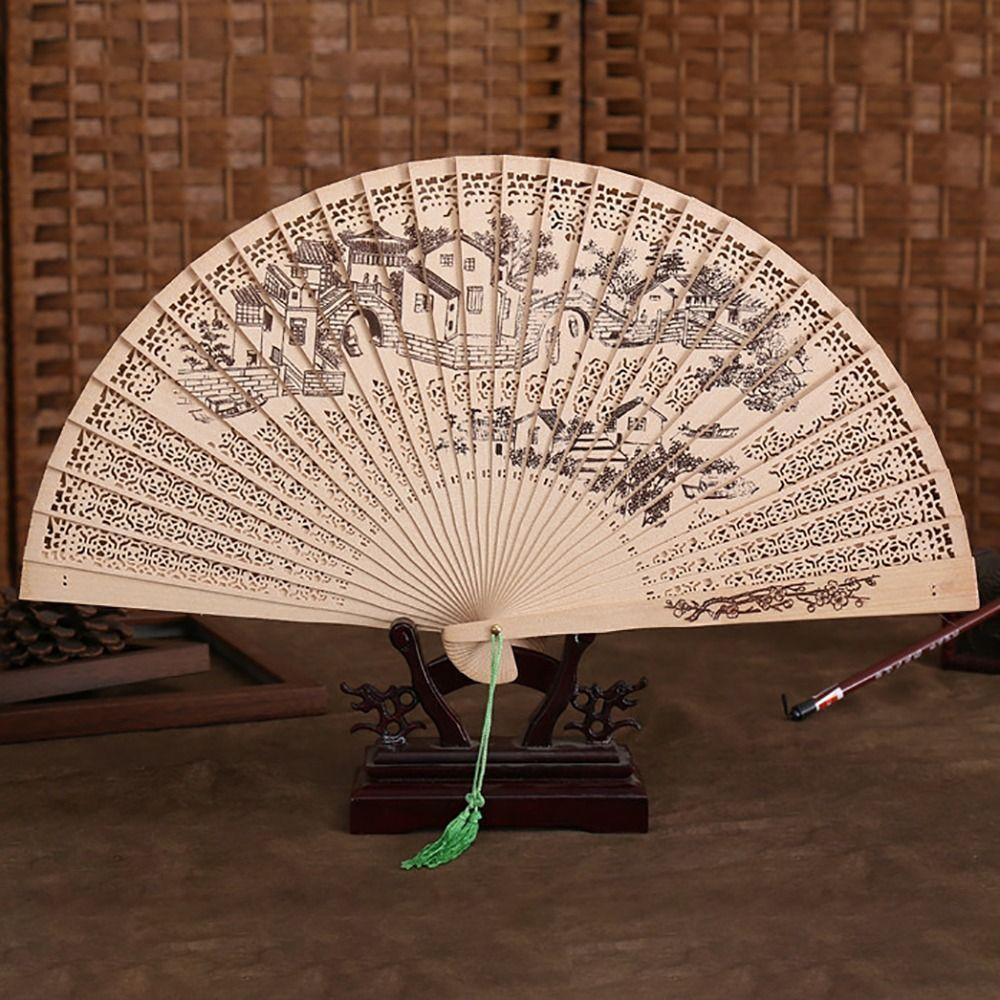 Retro Multicolor Hollow Carved Folding Fan Sandalwood Wood Painted Wooden Fan Dance Fan Chinese Style Retro Folding Fan