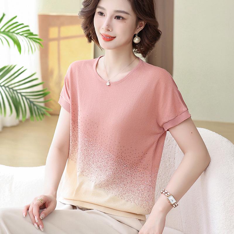 Mother's Day Ice Silk Short-Sleeve Blouse - 2026 New Style for Middle-Aged & Elderly Women