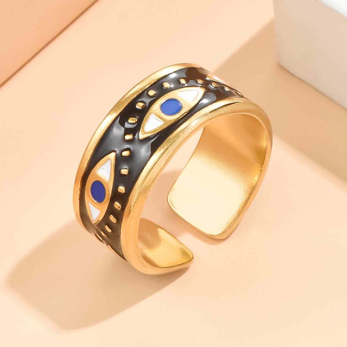European Ethnic Devil s Eye Adjustable Gold-Plated Stainless Steel Ring with Colorfast Enamel Drip