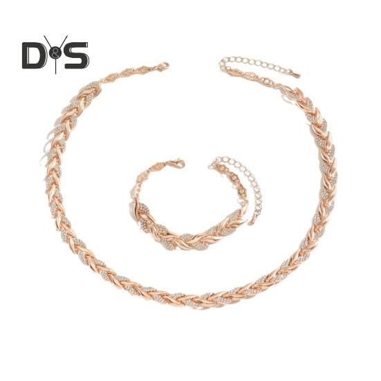 2 Adet/Set Kadın Takı Seti Yaprak Şekli Zirkon Kakmalı Ayarlanabilir Uzunluk Kolye Bileklik Seti Parti Düğün Dekoru