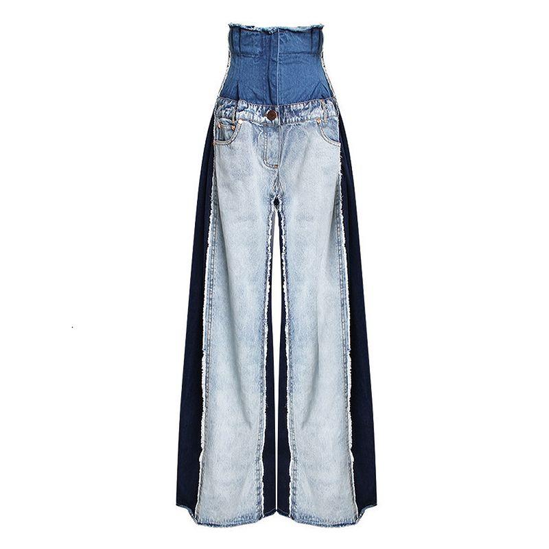 

Модный экспорт Индивидуальная строчка Контрастный цвет Ультравысокая посадка Свободные брюки Женские Экспорт трансграничной внешней торговли Талия Швабра Джинсовые брюки Blue XL