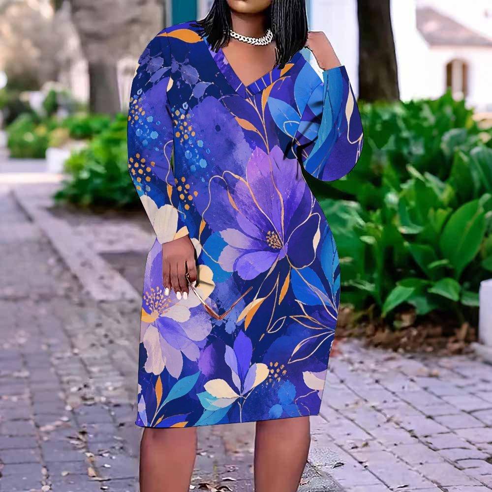 Women Plus Size Floral Printed V Neck Long Sleeve Fitted Midi Dress