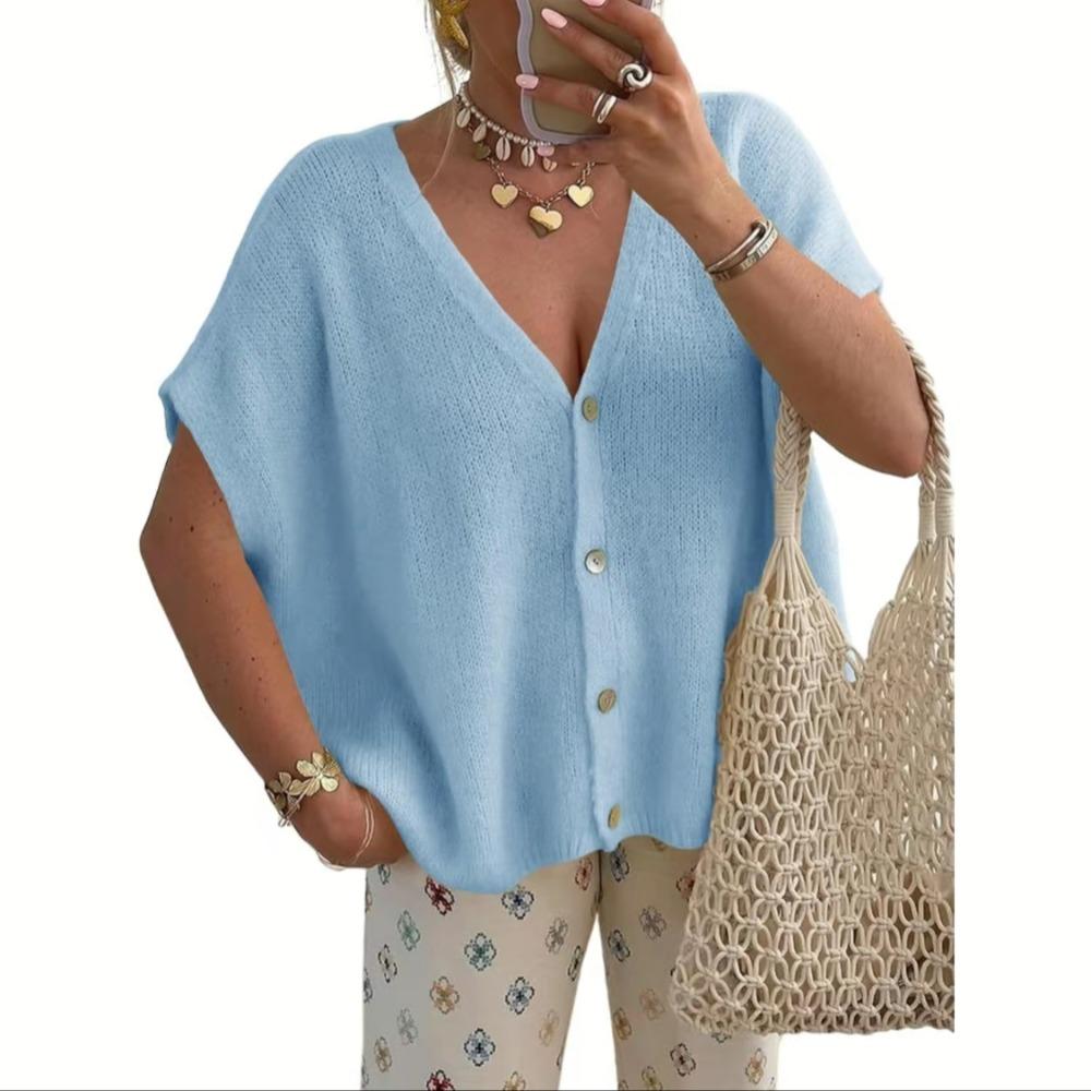 Women New Loose V Neck Short Sleeve Knit Cardigan, Fashion Casual Sweater