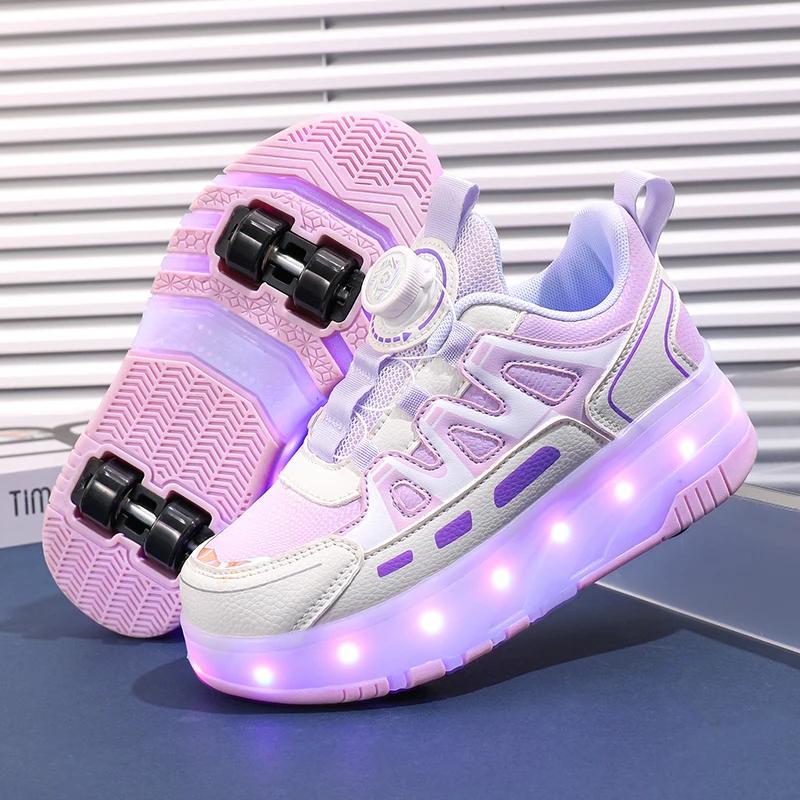 Children Four Wheels Luminous Glowing Sneakers Black Pink Led Light Roller Skate Shoes Kids Led Shoes Boys Girls USB Charging