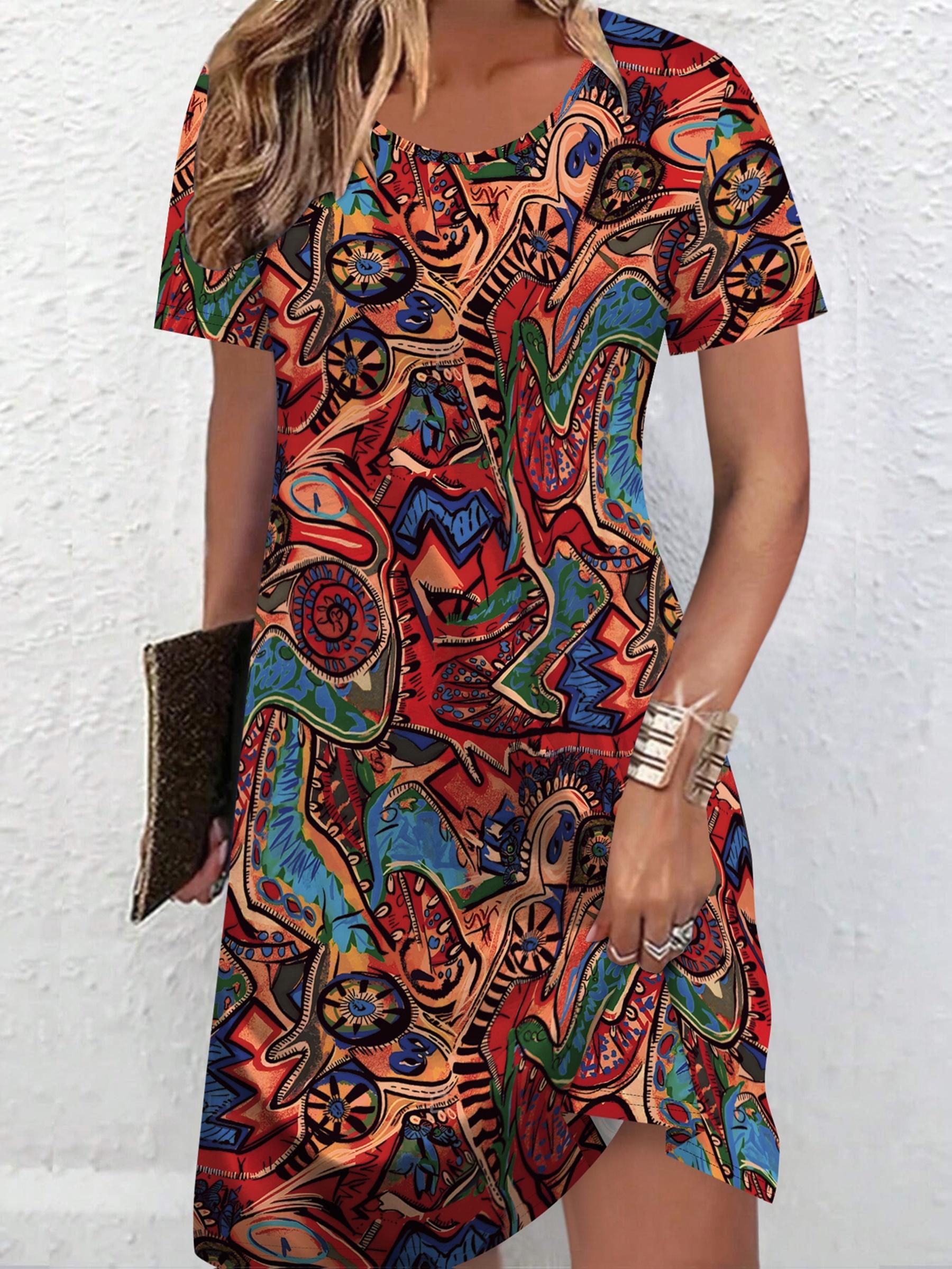 

2D Printed Ethnic Elegant Vacation Abstract Painting Colorful Irregular Geometric Color Block Pendulum Dress Casual Crew Neck Short Sleeve T-Shirt Dr XS дубильная кора