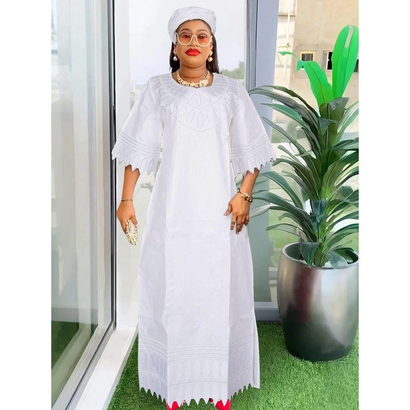African Summer Women's Clothing Plus Size Full Craft Fragrant Figured Cloth Embroidered Robe Half Sleeve Ethnic Style Dress with Headscarf