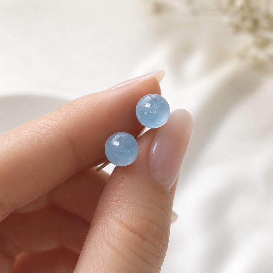 S925 Sterling Silver Aquamarine Stud Earrings, Natural Ice Blue Round Bead Minimalist Jewelry, Mindful Everyday Wear, Ear Stacking
