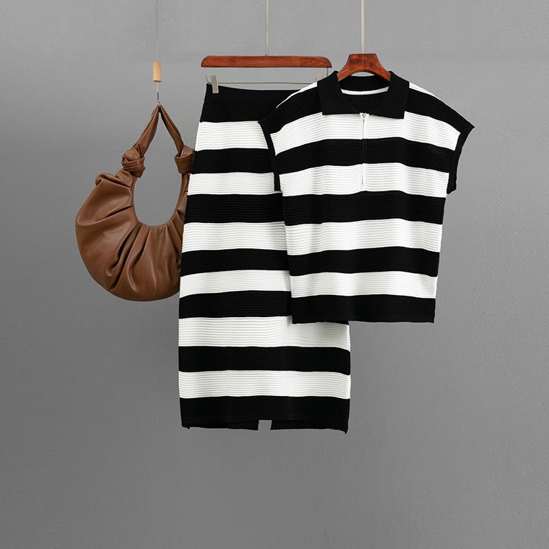 Fashion half-zip olo collar striped knitted short-sleeved suit women's casual wide-leg pants summer two-piece suit